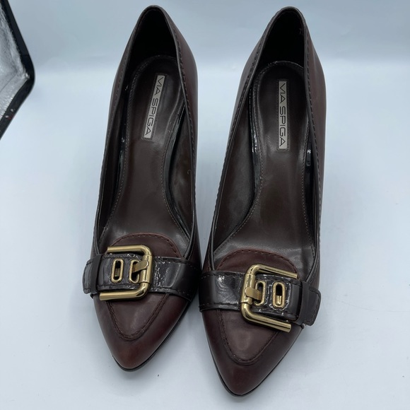 Via Spiga Brown Heels with Gold Buckle - Picture 1 of 11